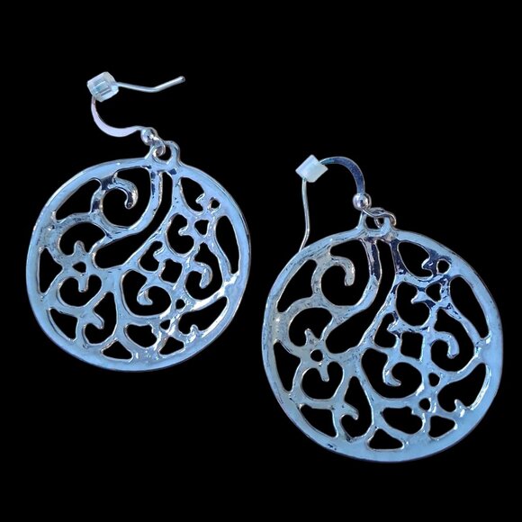 Scroll Cut Out Circle Weave Sterling Silver Earrings - Picture 2 of 6